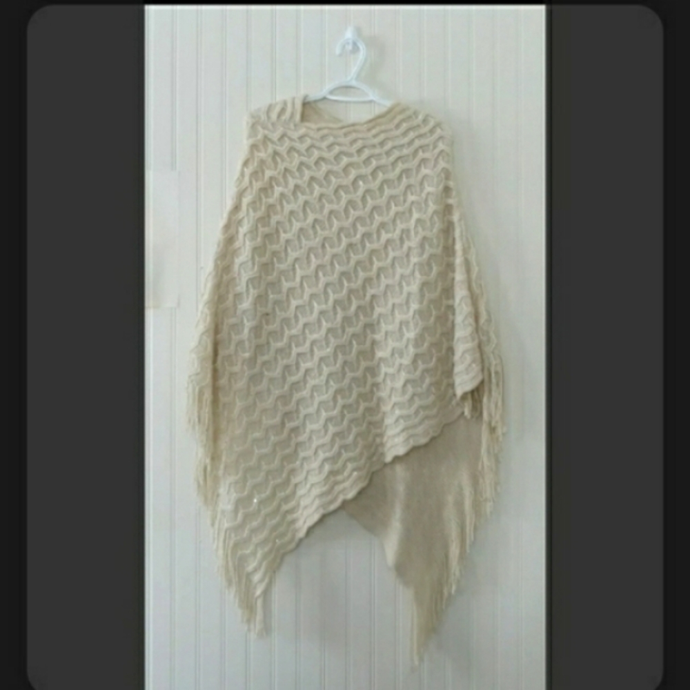 Ivory Shawl Cape Poncho Womans With Glitter Boho Cottage Core One Size